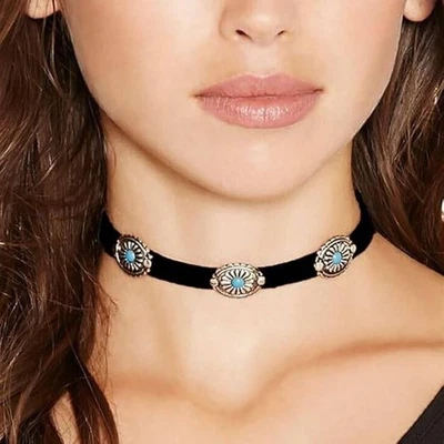 Gargantilla Western Turquesa Acento Plateado Terciopelo Negro Collar Ajustable Mujer Foto 1 de 4