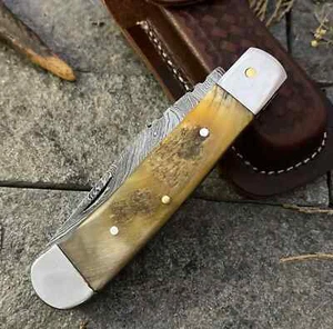 CUSTOM HAND FORGED Damascus Steel Trapper Folding Pocket Knife W/Sheath - Picture 1 of 6
