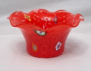 Murano Millefiori rot mundgeblasen Kunstglas runder gekräuselter Rand 3,35"x6,5" Vase Italien - Bild 1 von 23