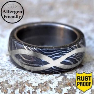 Customized 8mm Silver Infinity Inlay Damascus Steel Sleeve Ring Mens Band Forged - Picture 1 of 8