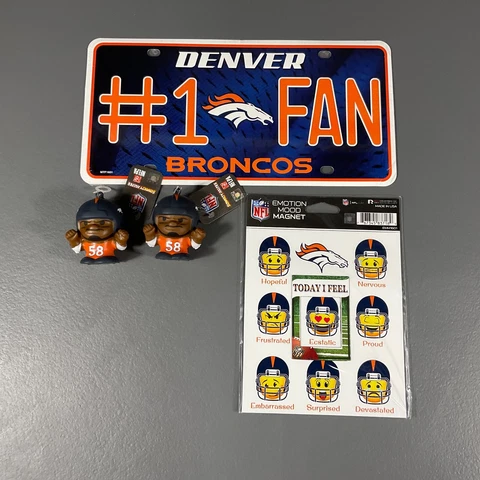 Denver Broncos NFL Ultimate Fan Gift Lot SqueezyMates, License Plate, Magnet Cover