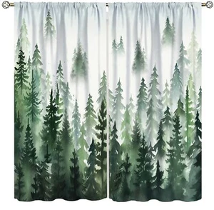 Exclusive Home Curtains Indoor Green Watercolor Forest Tree Silhouette Room D... - Picture 1 of 7