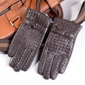 New Men's 100% Real Weave Leather Classical Winter Touch Screen Driving Gloves - Picture 1 of 13