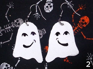 CUTE GHOST EARRINGS WHITE LEATHER HANDMADE 1-1/2" LONG OOAK 2 - Picture 1 of 2