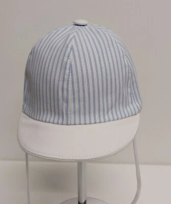 CAPPELLINO VISIERA BABY BIMBO NEONATO COTONE BIANCO AZZURRO RIGHE MADE IN ITALY  - Immagine 1 di 4