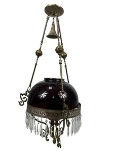 Antique Ruby Red Victorian England Hanging Oil Library Parlor Prism Lamp - Picture 1 of 20