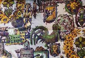 Vintage Barkcloth Fabric Salvaged Curtain Panel 2 1/3yd X 2yd Tavern Rooster - Picture 1 of 4