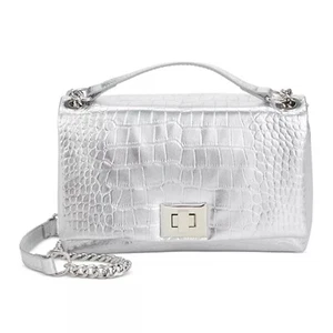 Silver Croc Embossed Crossbody Bag Chain Strap Evening Party Small - Picture 1 of 11