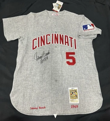 Johnny Bench HOF 89 Signed Authentic Reds Mitchell Ness Jersey Beckett - Image 1 of 4