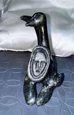 罕见因纽特人风格萨满双灵改造石雕 – 4 英寸签名! — 第 1/4 张图片