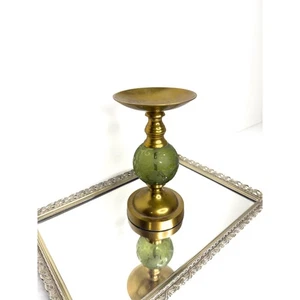 Rare Vintage Solid Brass and Etched Green Glass Pillar CandleHolder - Picture 1 of 9