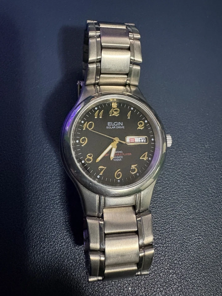 ELGIN Vintage Men's Solar Powered Black watch with  diamond and Breguet numerals - Image 1 of 4