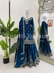 Blue Designer Indian Style palazzo With kurti Set Pakistani Style Palazzo Pants - Picture 1 of 6