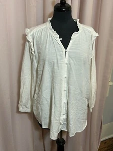 LC Lauren Conrad White Blouse Ruffle Neck Victorian Top Size XXL Covered Buttons - Picture 1 of 13