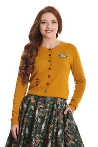 BANNED Apparel Womens Mustard Retro Vintage Woodland Mushroom Raccoon Cardigan - Picture 1 of 6