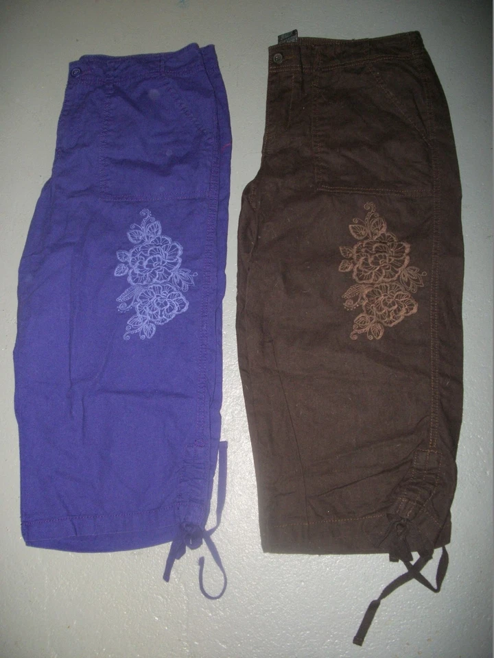 FADED GLORY FLORAL EMBROIDERED CAPRI CROP LINEN BLEND PANTS WOMENS SZ 10 EUC - Image 1 of 1