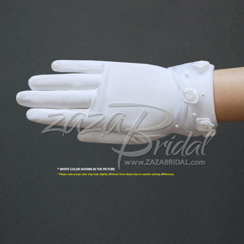 Dull matte satin girl's gloves w/ faux pearl & rose accents sheer organza cuff