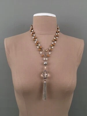 BAJALIA серебристого тона дерева розового стекла бисером кисточки длинное ожерелье 26 дюймов РЕДКАЯ/HTF! - Изображение 1 из 4