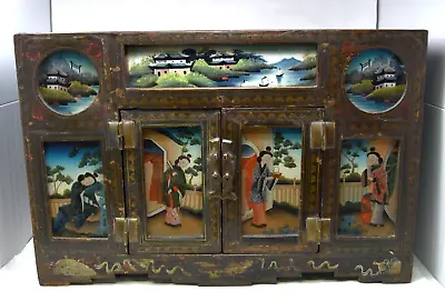 Antique Rare 19th Century Chinese Wood | Bronze | Reverse Paint Glass Cabinet • 1500£