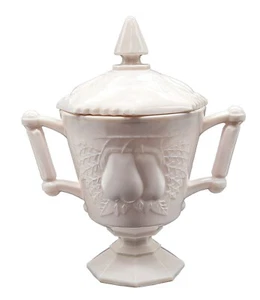 Vintage Jeannette Rosa Milchglas Zuckerdose mit 8-Panel Deckel & Boden. Birnen Design 7" T - Bild 1 von 12