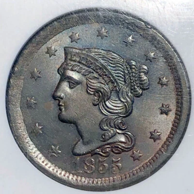 Centavo grande cabello trenzado NGC MS-64 BN 1855, afilado, espécimen brillante, bonito Foto 1 de 4