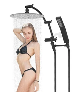 All Metal Round 10'' Rainfall Shower Head,High Pressure Shower Head Combo,Black - Picture 1 of 8