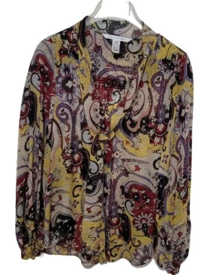 DVF Diane Von Furstenberg 100% seda gasa cachemira, transparente, cuello corbata, botón, talla 4 Foto 1 de 4