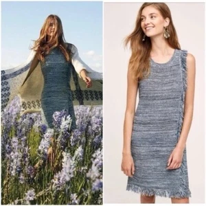 Holding Horses Anthropologie Blue Tweed Frayed Hem Shift Dress Sz XL - Picture 1 of 6