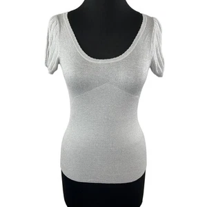 La Feta Paris Gray Silver Viscose Knit Puff Sleeve Scoop Blouse Slim-Fit 36 S - Picture 1 of 7