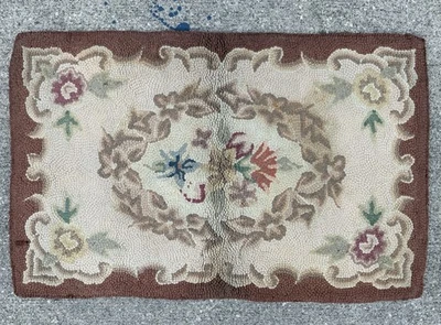Vintage Hand Hooked Brown, Tan, Multicolor Floral Wool Area Rug, 21”x33” - Image 1 of 4