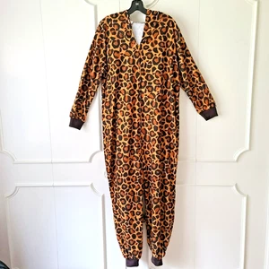 Leopard Cat 1 Piece Hooded Velour Costume Adult M Sleeper Ears Tail Jumpsuit - Picture 1 of 17
