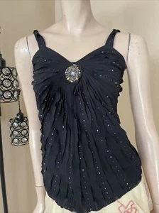 Women’s Black Polyester Casual Party Bead Double Layer Ruffles Size M Blouse Top - Picture 1 of 11