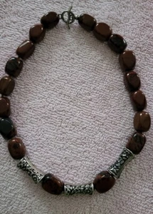 Vintage Large Brown Jasper Gemstone Beaded Necklace Silvertone Toggle Clasp - Picture 1 of 5