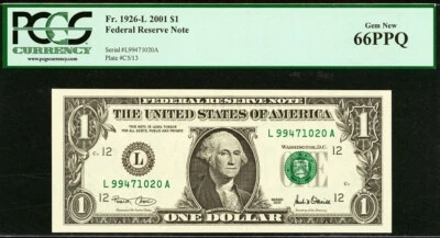 2001 $1 Federal Reserve Note PCGS 66PPQ Gem-New Fr 1926-L - Image 1 of 3