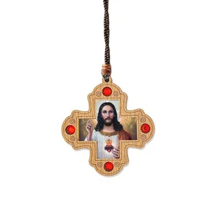 Sacred Heart Jesus Wooden Icon Cross Pendant Car Room Christmas Ornament 2 3/4" - Picture 1 of 3