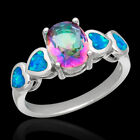 Ocean Blue Fire Opal 7x9 Oval Rainbow Mystic Topaz Silver Jewelry Ring Size 8
