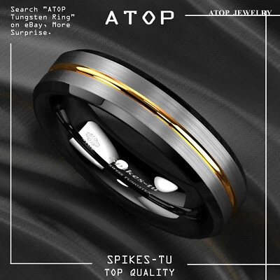 8/6mm Silver Brushed Black Edge Tungsten Ring Plated Metal ATOP Men Wedding Band - Image 1 of 4