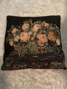 Vintage Decorative Throw Pillow Tapestry Style Rose Floral Bouquet Velvet Back - Picture 1 of 8