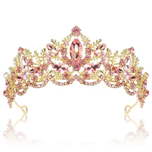 Elegant Pink Tiara with Gold Crown and Crystal Rhinestones for Special Occasions - Picture 1 of 12
