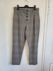 Zara Ladies Trousers Size S Brown Black Check Tapered Stretch Smart Casual - Picture 1 of 13