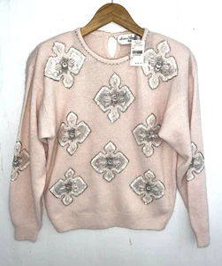 MARISA CHRISTINA Vtg Pink Lambswool Angora Sweater Embellished Size M Petite NWT - Picture 1 of 5