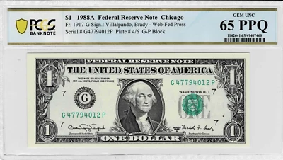 1988a $1 Federal Reserve 'WEB' Note- GP block--run 8 (combo 4/6) -PCGS 65 PPQ - Image 1 of 4