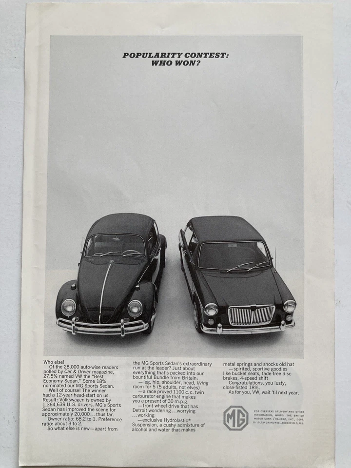 Anuncio impreso MG Sports 1965 sedán VW Beetle Bug Foto 1 de 2