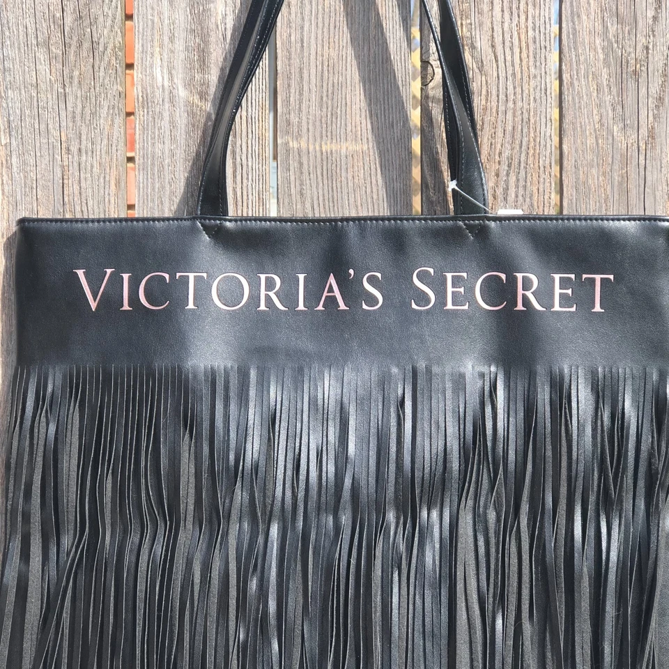 Victoria's Secret Black Faux Leather Fringe Tote Pink Spellout