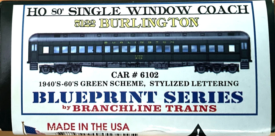 HO BRANCHLINE 5122 80' SINGLE WINDOW COACH BURLINGTON CB&Q # 6102 GREEN - Image 1 of 1