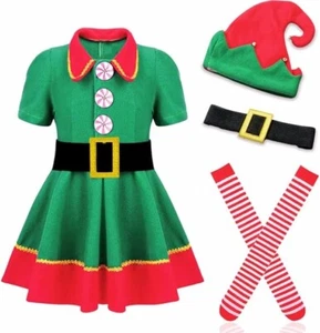 Kid's Christmas Elf Costume:  Dress, Socks, Hat, Belt - Size 140 (8-9 Years) - Picture 1 of 2