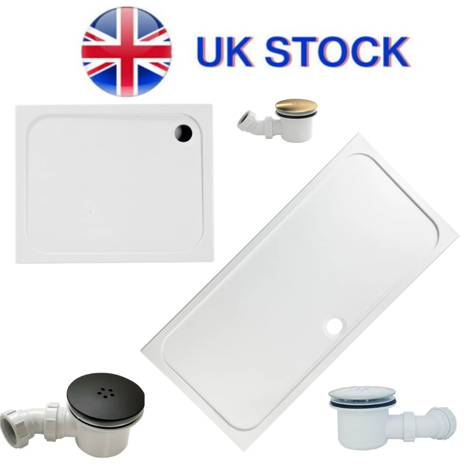 White Stone Resin Rectangle Low Profile Slim Shower Tray 45mm High & 90mm Waste
