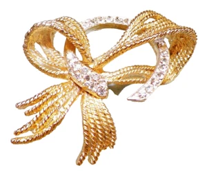 Goldtone Ribbon Pin Rope Texture Silver Rhinestone Clasp 1950s Retro - Picture 1 of 2