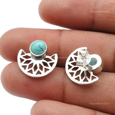 Türkis Edelstein Blende Weihnachtsgeschenk Ohrstecker Massiv 925 Sterlingsilber - Bild 1 von 4