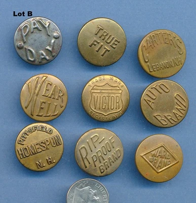 Antique Wobble Shank Overall Buttons  - Lot B Includes 9 Buttons ca. 1920's - Image 1 of 2